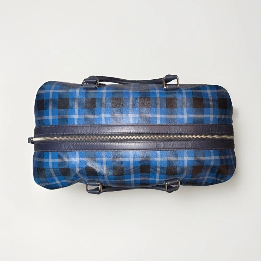 Coach Weekender Duffel Bag Blue Black Plaid Leather Trim Silver Hardware 17X11X9